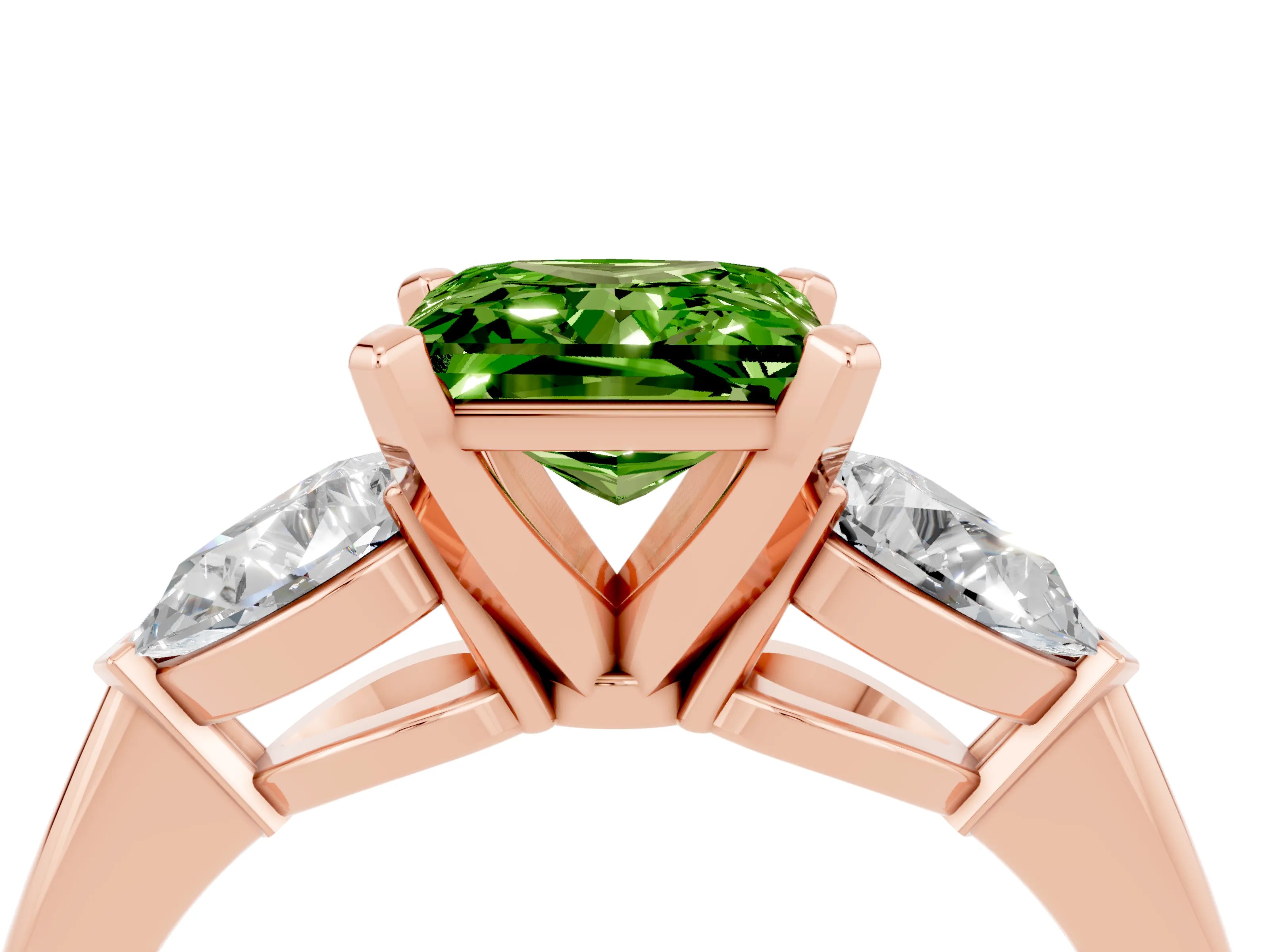 Rose gold Three-Stone Princess Cut Peridot Ring with Pear Side Stones and Four-Prong Setting_4