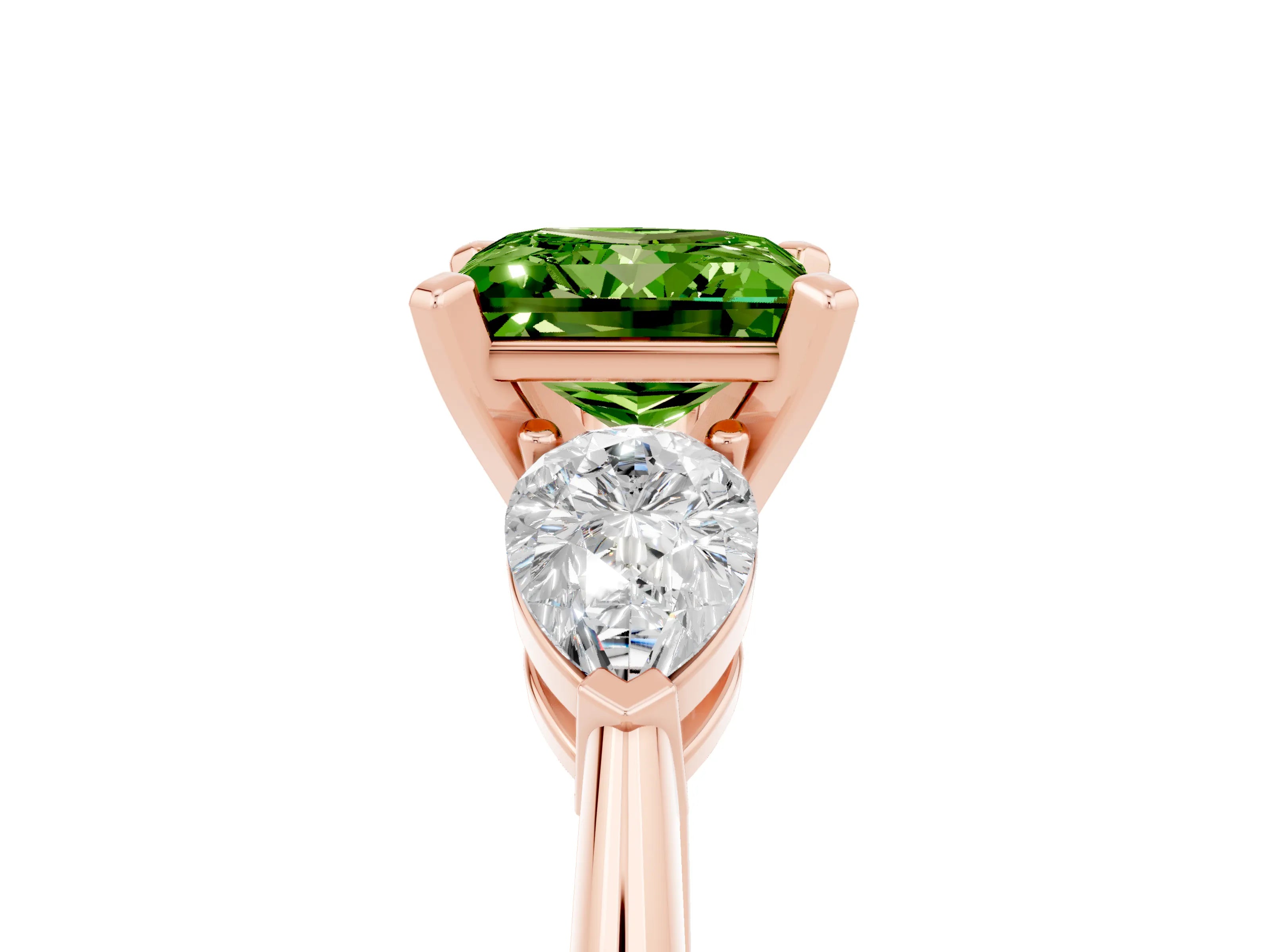Rose gold Three-Stone Princess Cut Peridot Ring with Pear Side Stones and Four-Prong Setting_5