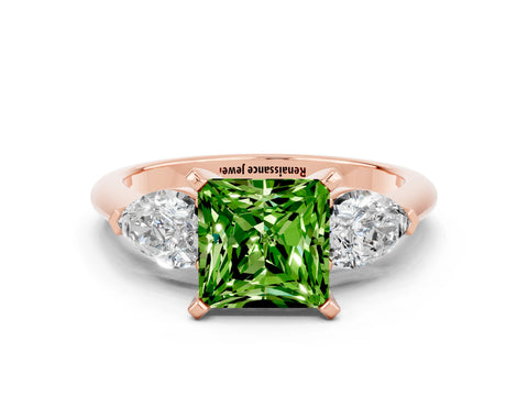 Rose gold Three-Stone Princess Cut Peridot Ring with Pear Side Stones and Four-Prong Setting