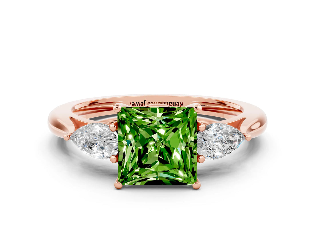 Rose gold Three-Stone Princess Cut Peridot Ring with Pear  Side Stones in Four-Prong Setting_12