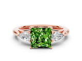 Rose gold Three-Stone Princess Cut Peridot Ring with Pear  Side Stones in Four-Prong Setting_12