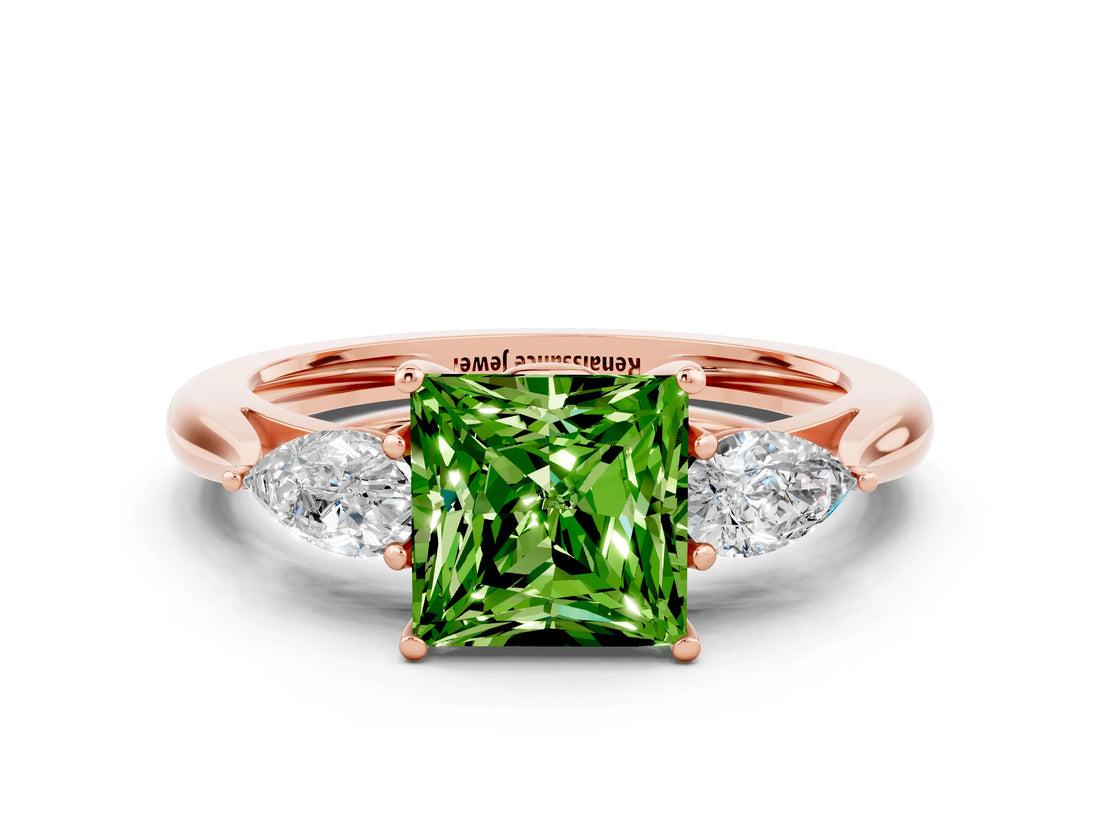 Rose gold Three-Stone Princess Cut Peridot Ring with Pear  Side Stones in Four-Prong Setting_36