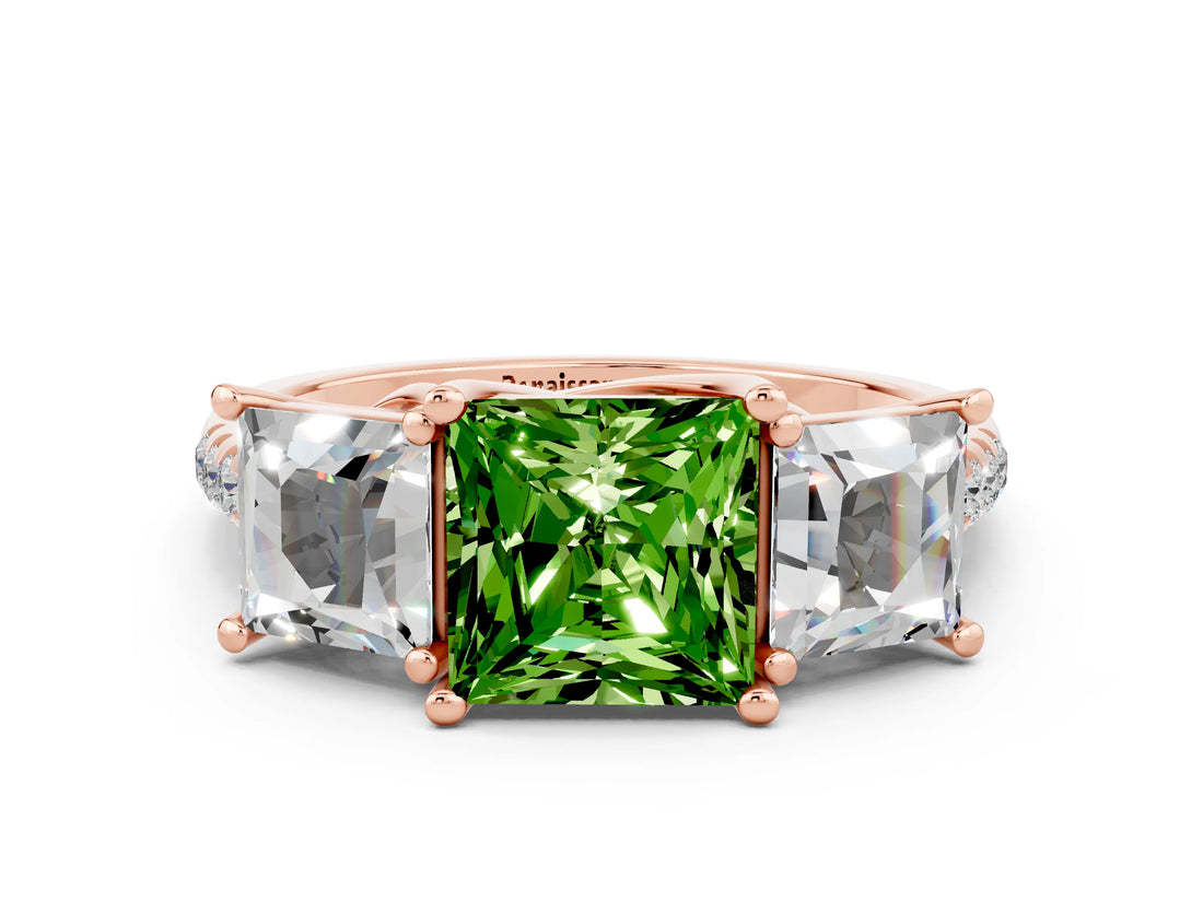 Rose gold Three-Stone Princess Cut Peridot Ring with Round  Pavé Band and Prong Setting_12