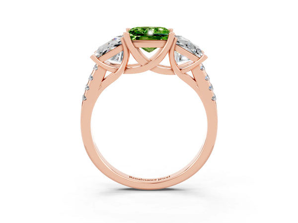 Rose gold Three-Stone Princess Cut Peridot Ring with Round  Pavé Band and Prong Setting