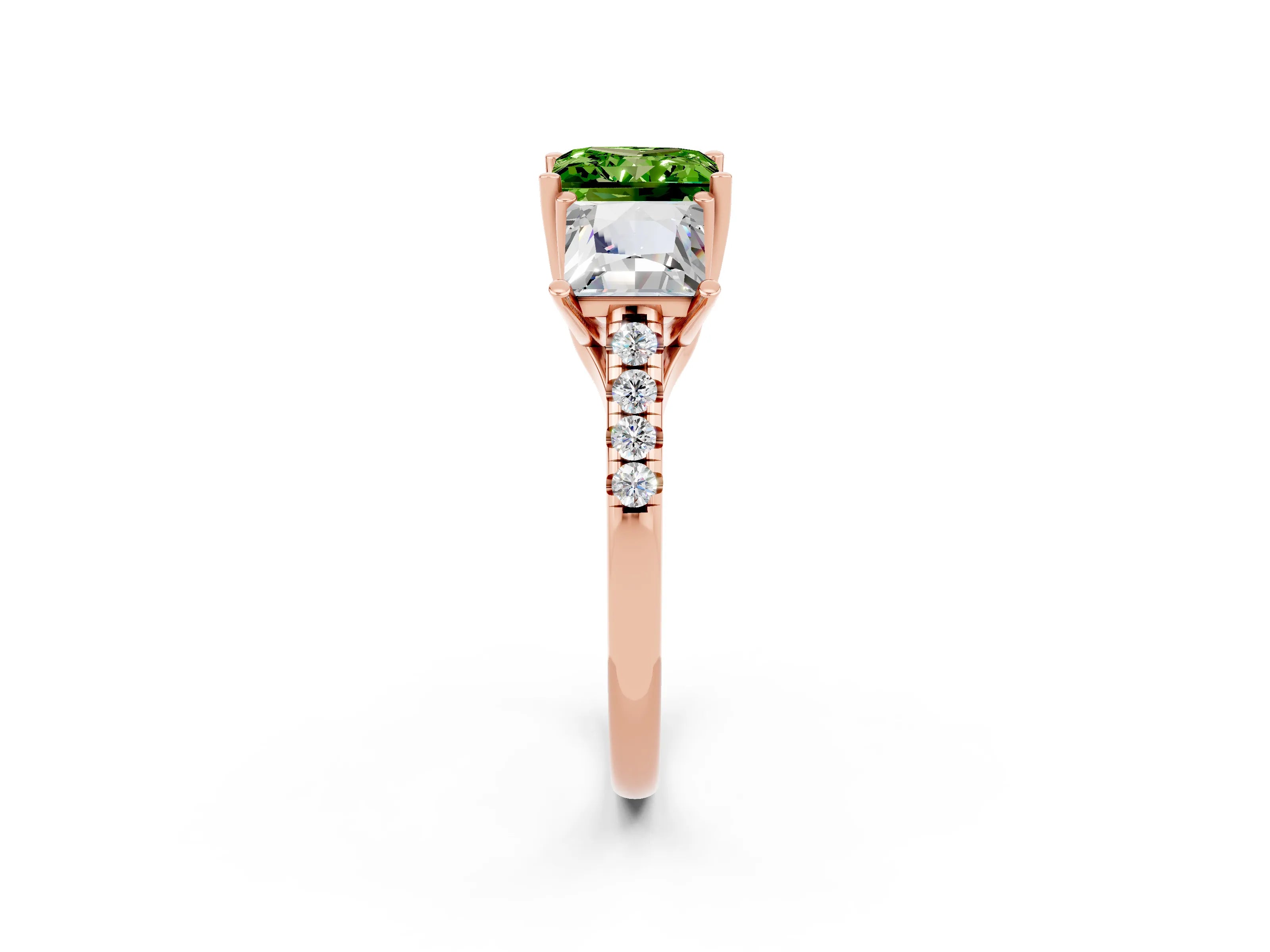Rose gold Three-Stone Princess Cut Peridot Ring with Round  Pavé Band and Prong Setting_26