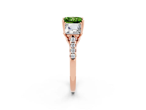 Rose gold Three-Stone Princess Cut Peridot Ring with Round  Pavé Band and Prong Setting_26
