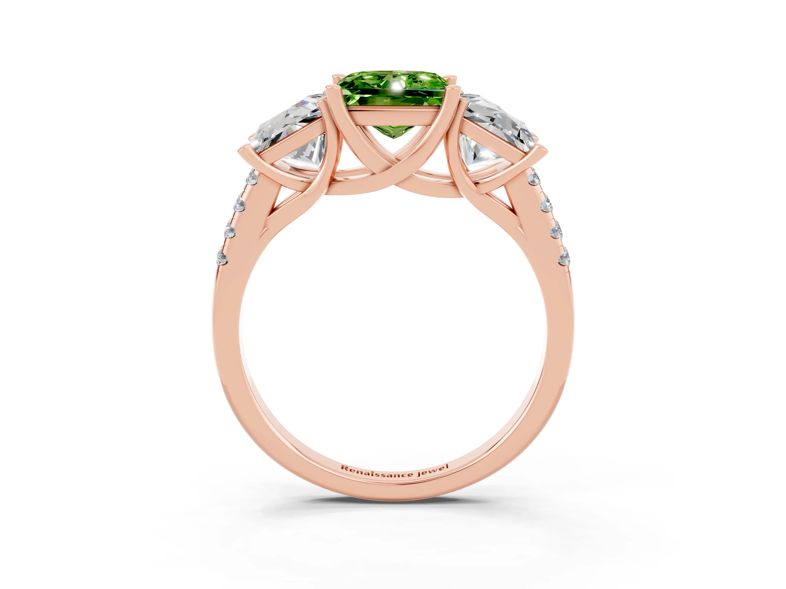 Rose gold Three-Stone Princess Cut Peridot Ring with Round  Pavé Band and Prong Setting_27