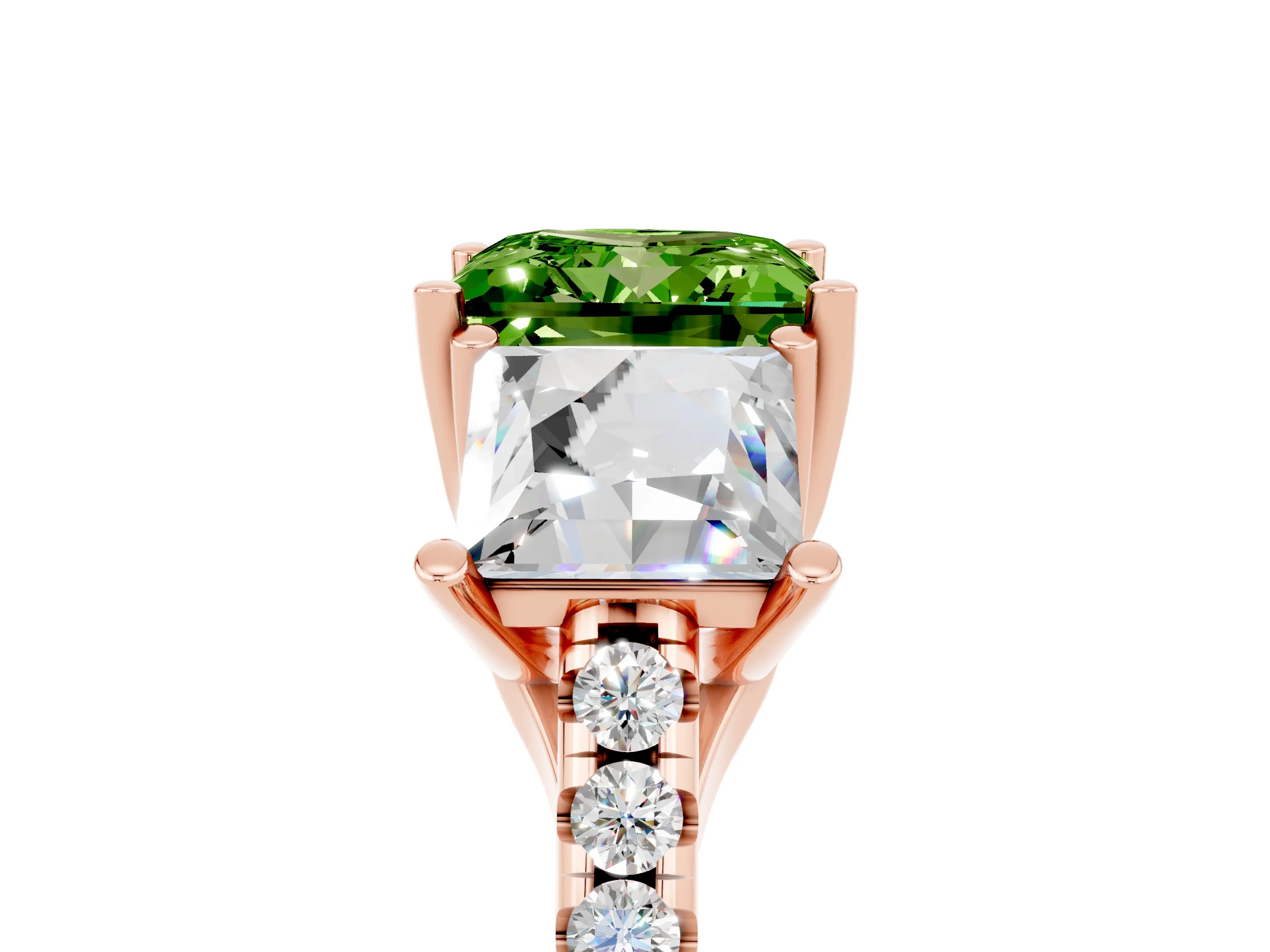 Rose gold Three-Stone Princess Cut Peridot Ring with Round  Pavé Band and Prong Setting_29