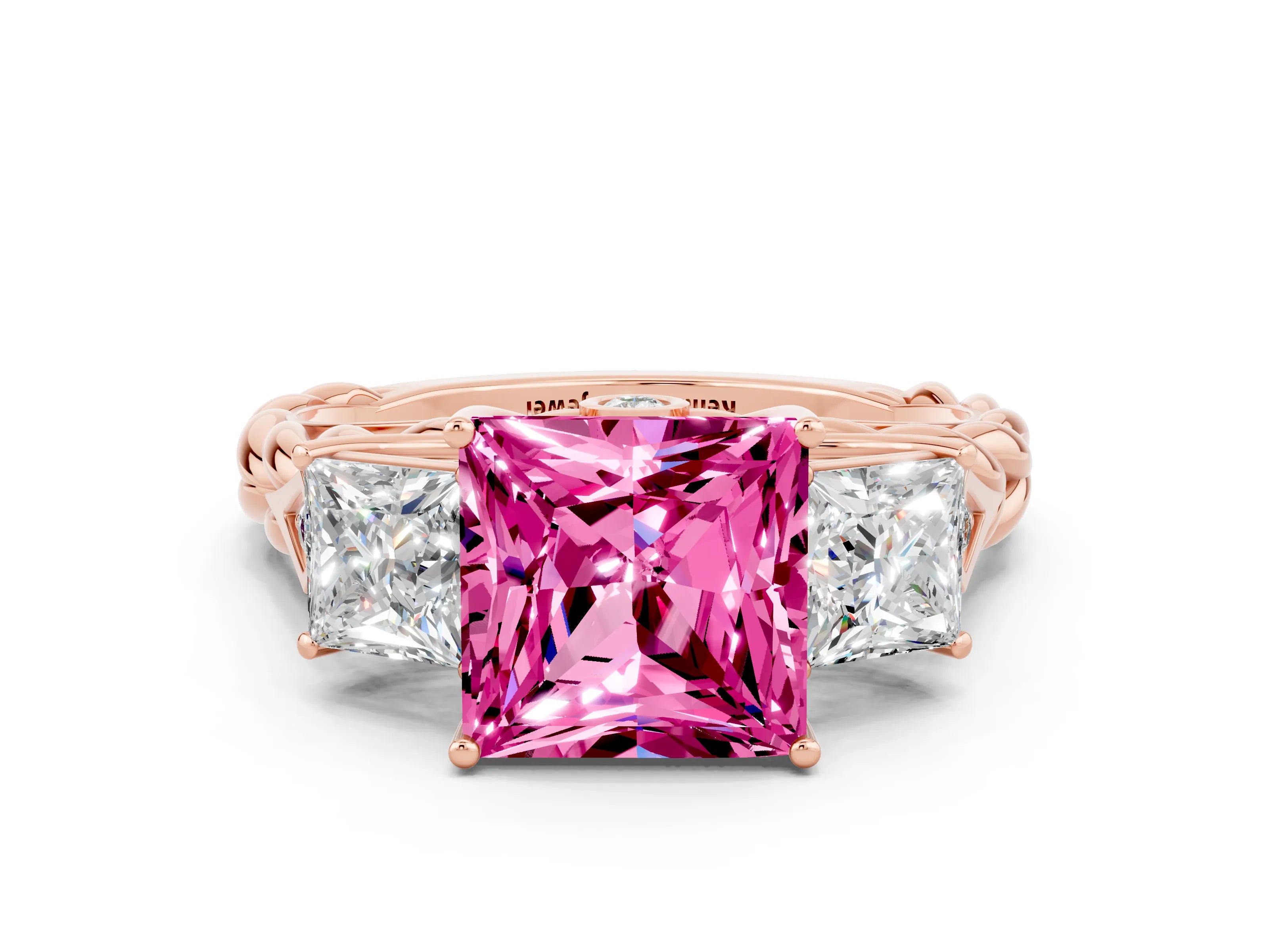 Rose gold Three-Stone Princess Cut Pink Sapphire Braided Band Ring with Four-Prong Setting_36