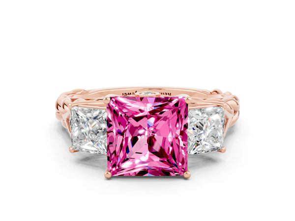 Rose gold Three-Stone Princess Cut Pink Sapphire Braided Band Ring with Four-Prong Setting