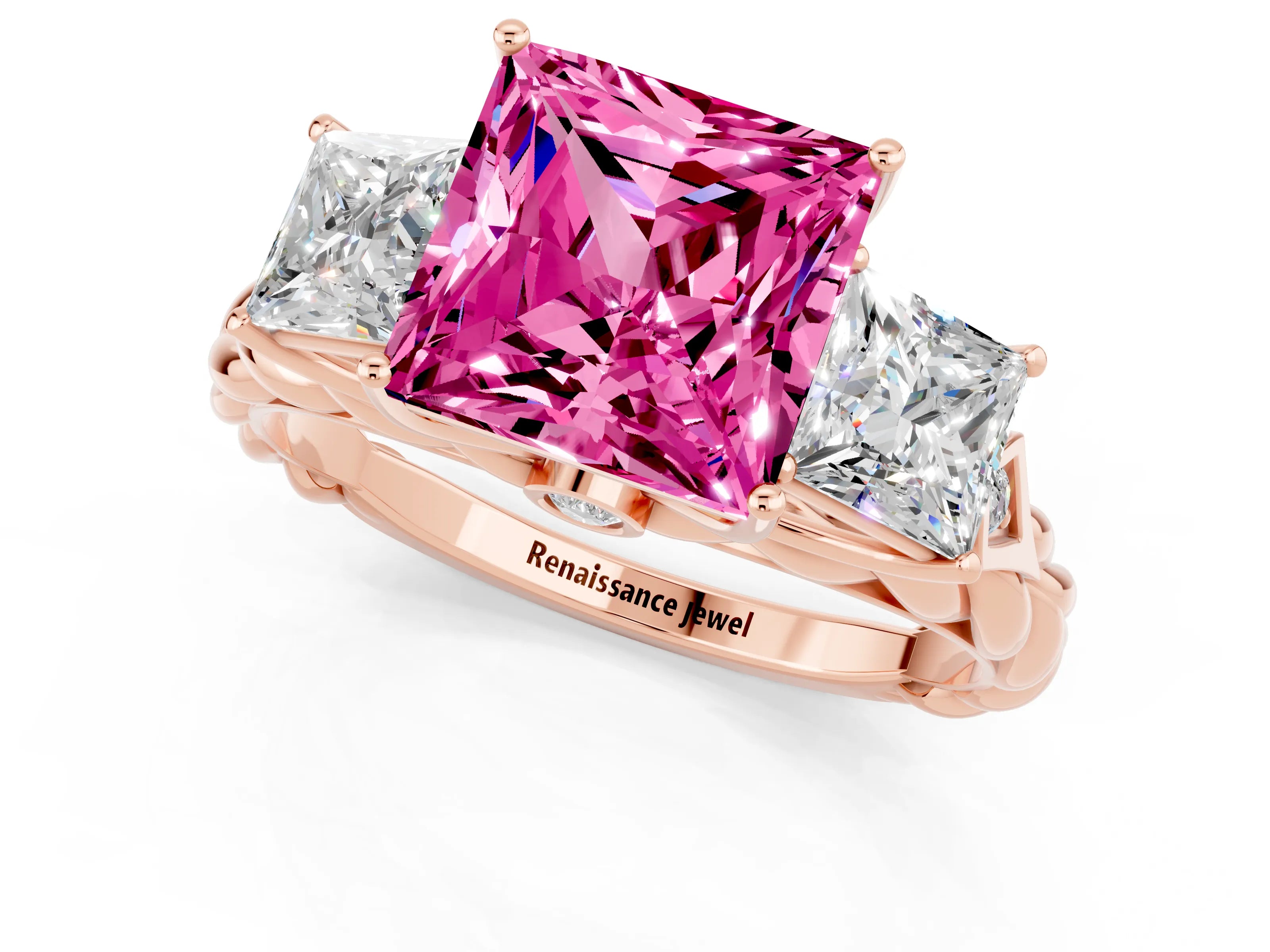 Rose gold Three-Stone Princess Cut Pink Sapphire Braided Band Ring with Four-Prong Setting_37