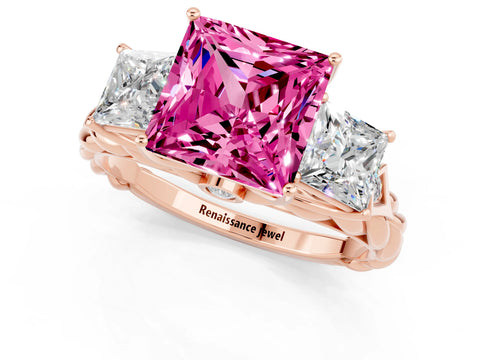 Rose gold Three-Stone Princess Cut Pink Sapphire Braided Band Ring with Four-Prong Setting_37