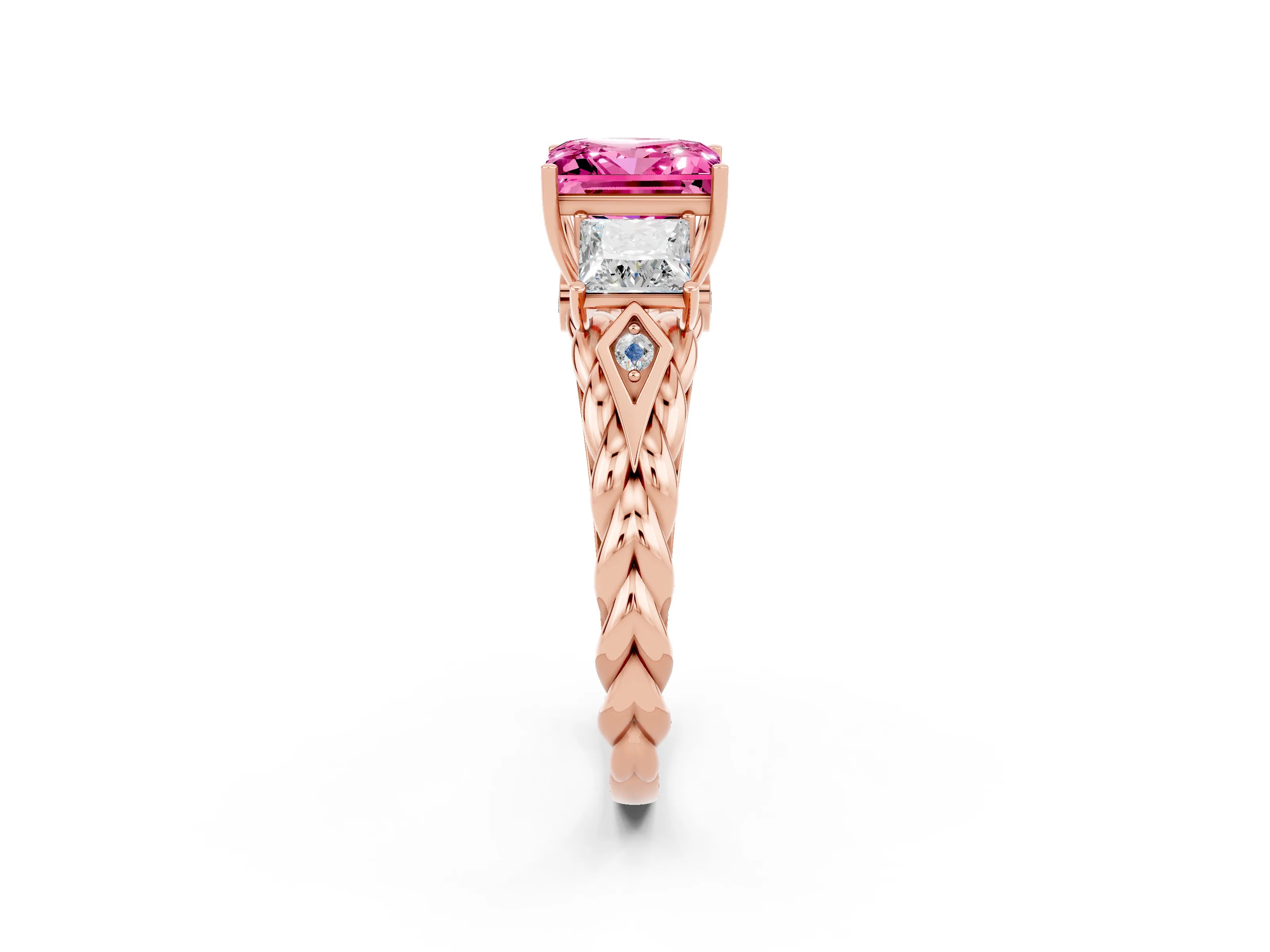 Rose gold Three-Stone Princess Cut Pink Sapphire Braided Band Ring with Four-Prong Setting_38