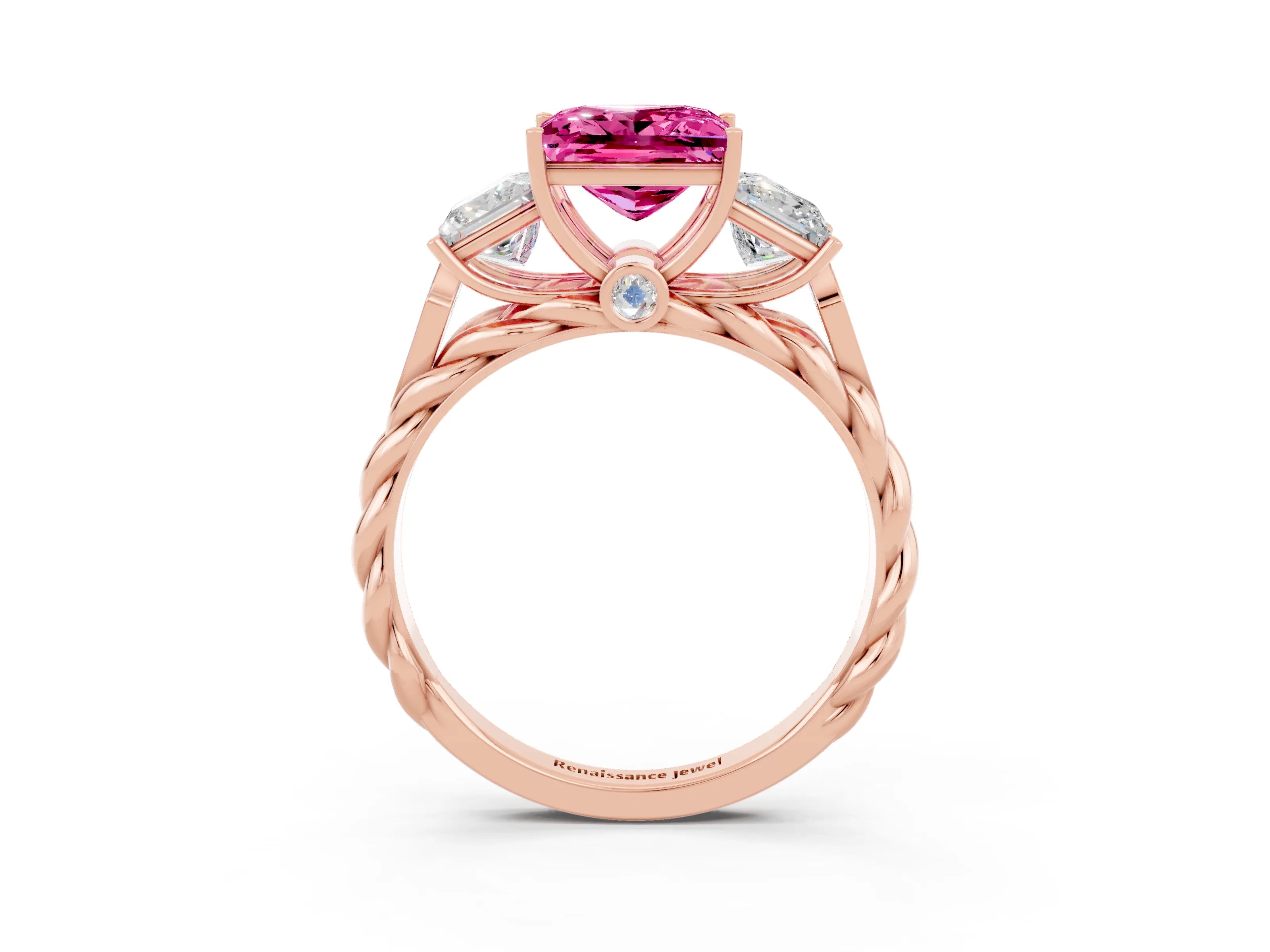 Rose gold Three-Stone Princess Cut Pink Sapphire Braided Band Ring with Four-Prong Setting_39