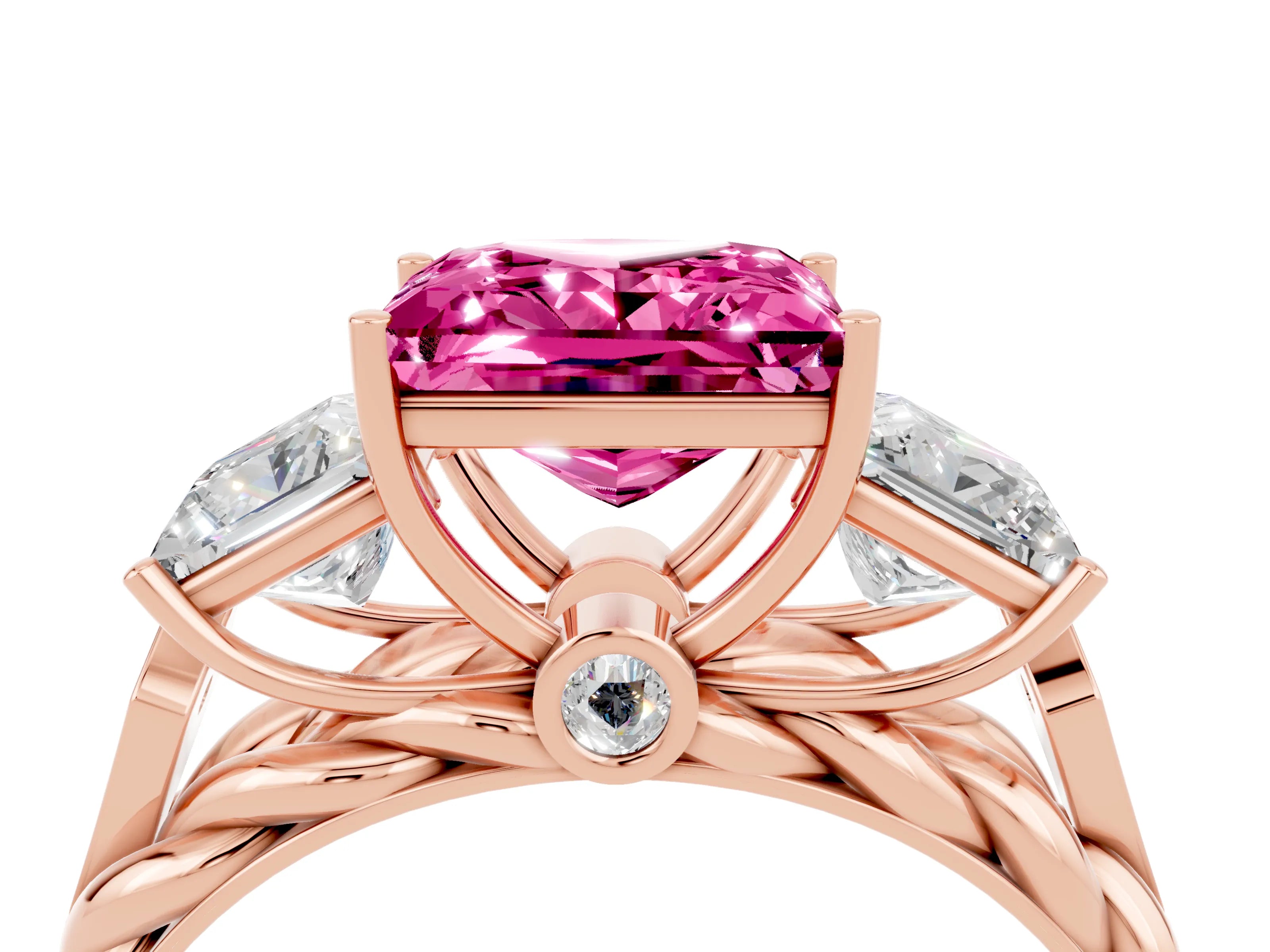 Rose gold Three-Stone Princess Cut Pink Sapphire Braided Band Ring with Four-Prong Setting_40