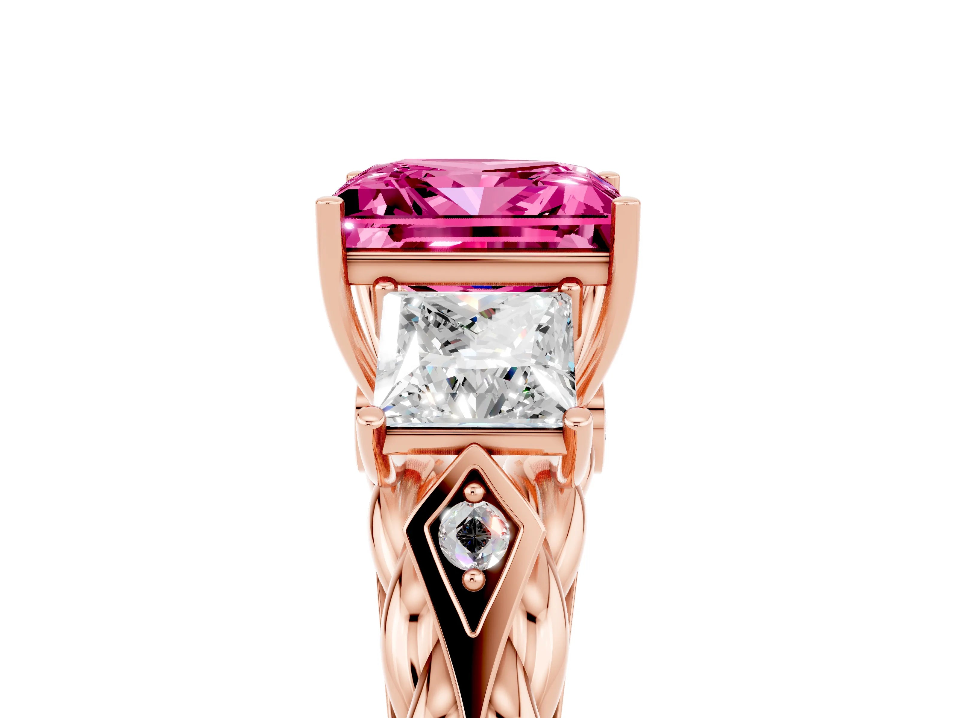 Rose gold Three-Stone Princess Cut Pink Sapphire Braided Band Ring with Four-Prong Setting_41