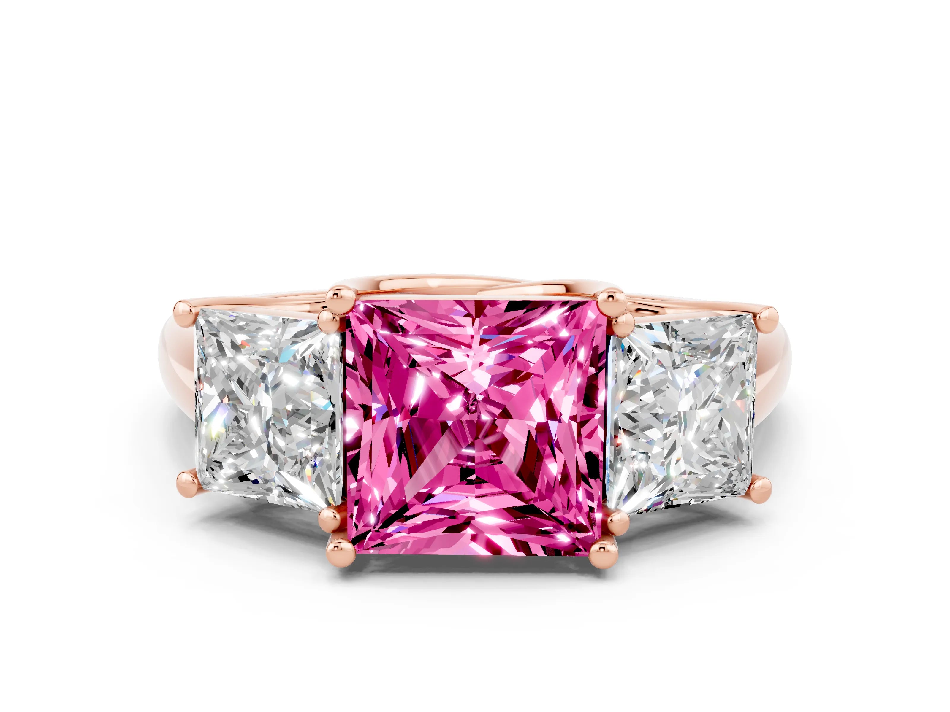 Rose gold Three-Stone Princess Cut Pink Sapphire Engagement Ring with Prong Setting