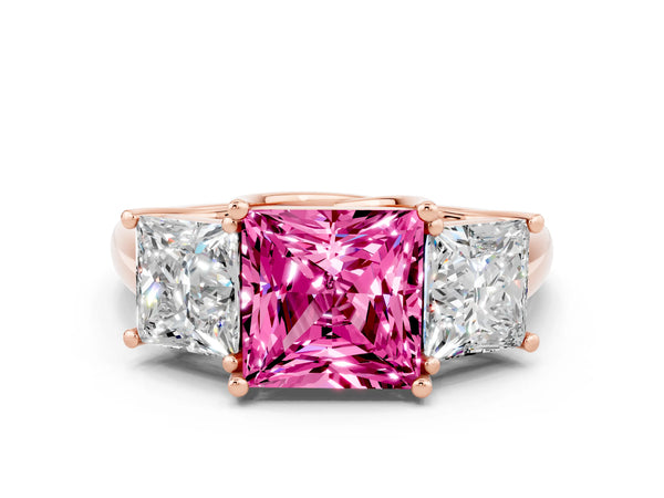 Rose gold Three-Stone Princess Cut Pink Sapphire Engagement Ring with Prong Setting