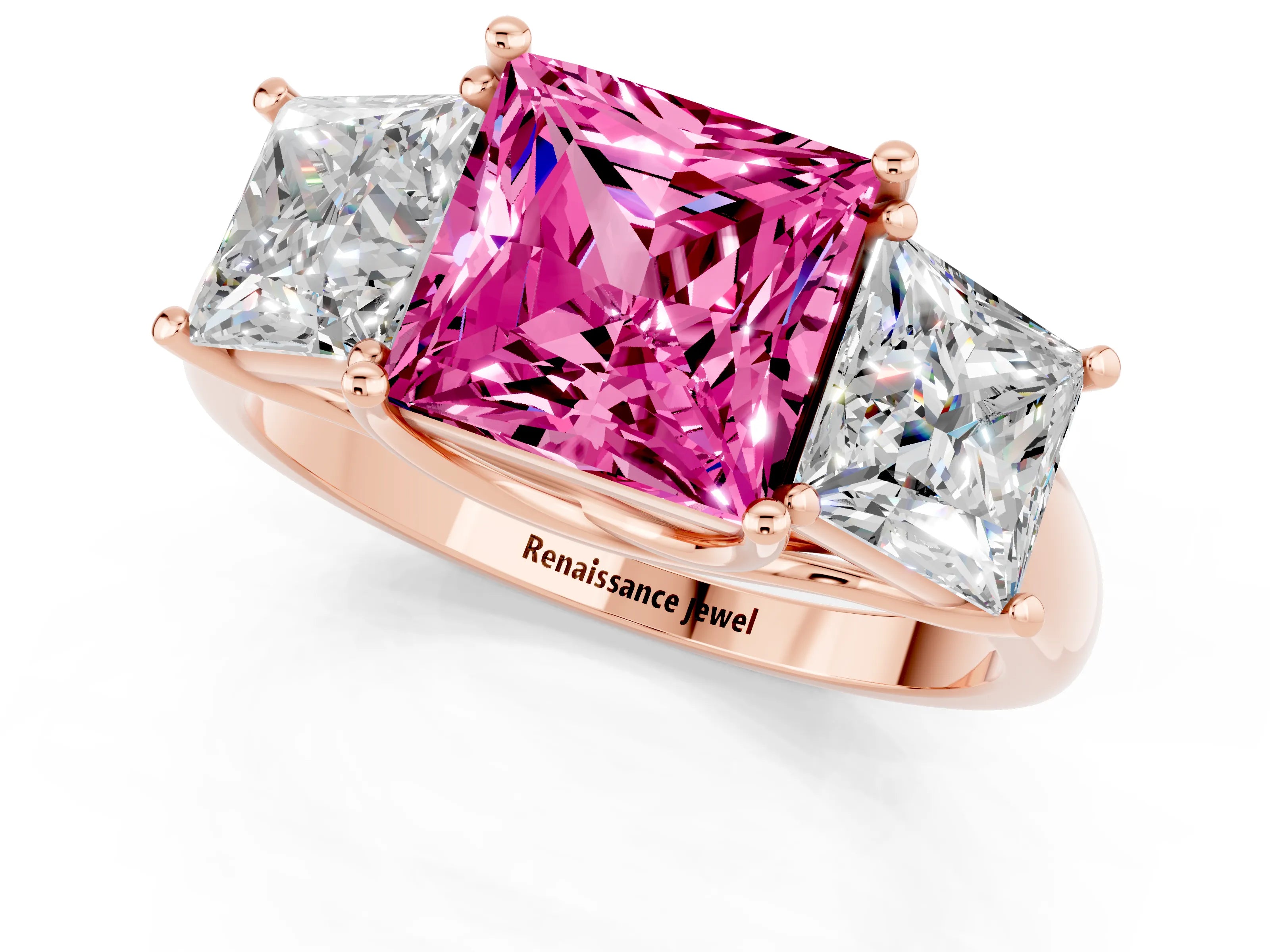 Rose gold Three-Stone Princess Cut Pink Sapphire Engagement Ring with Prong Setting_1