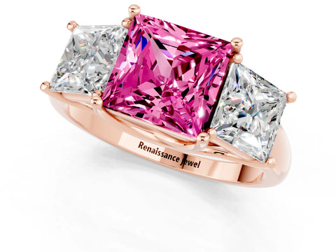 Rose gold Three-Stone Princess Cut Pink Sapphire Engagement Ring with Prong Setting_1