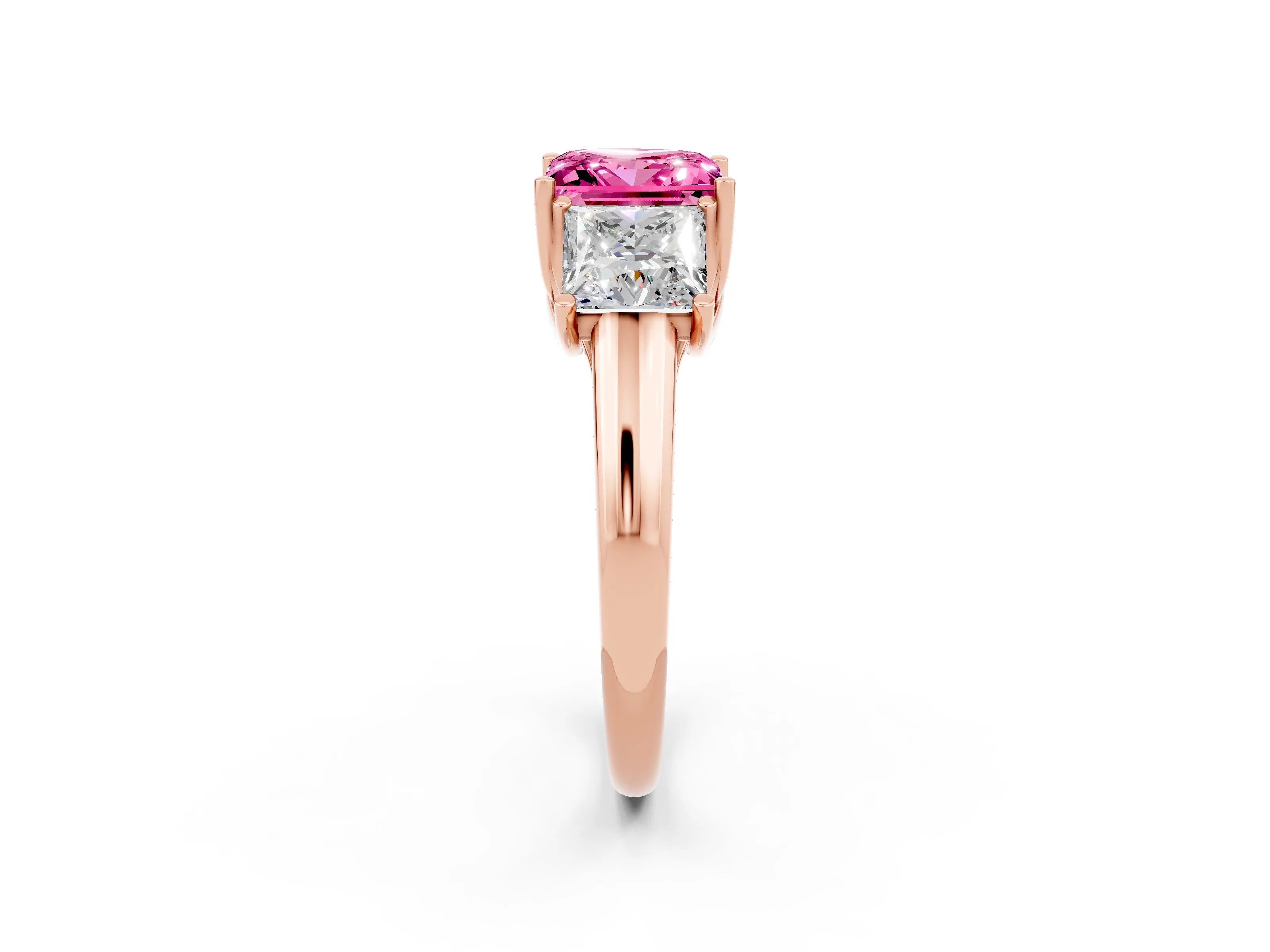 Rose gold Three-Stone Princess Cut Pink Sapphire Engagement Ring with Prong Setting_2