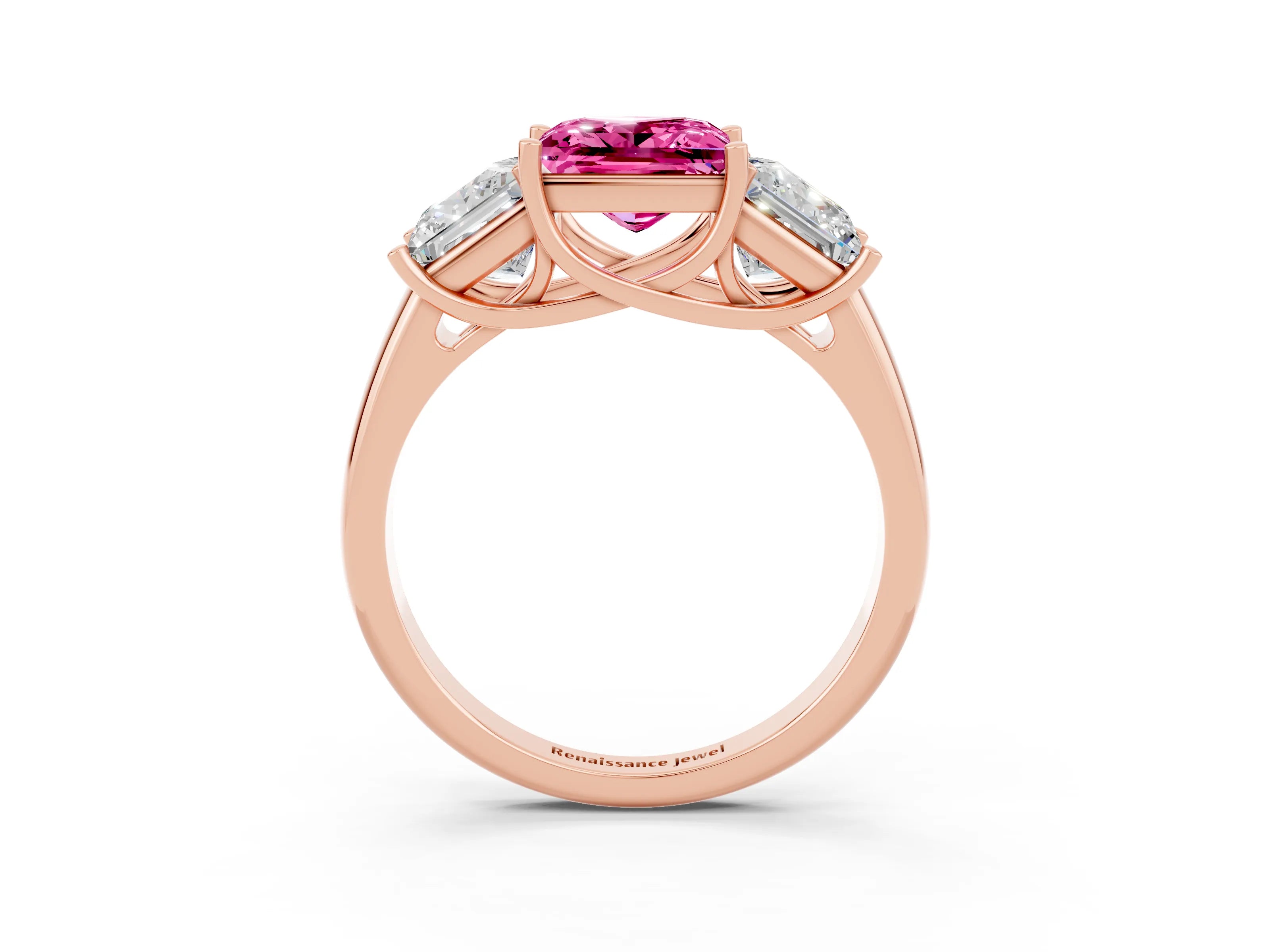 Rose gold Three-Stone Princess Cut Pink Sapphire Engagement Ring with Prong Setting_3