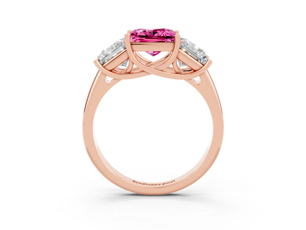 Rose gold Three-Stone Princess Cut Pink Sapphire Engagement Ring with Prong Setting