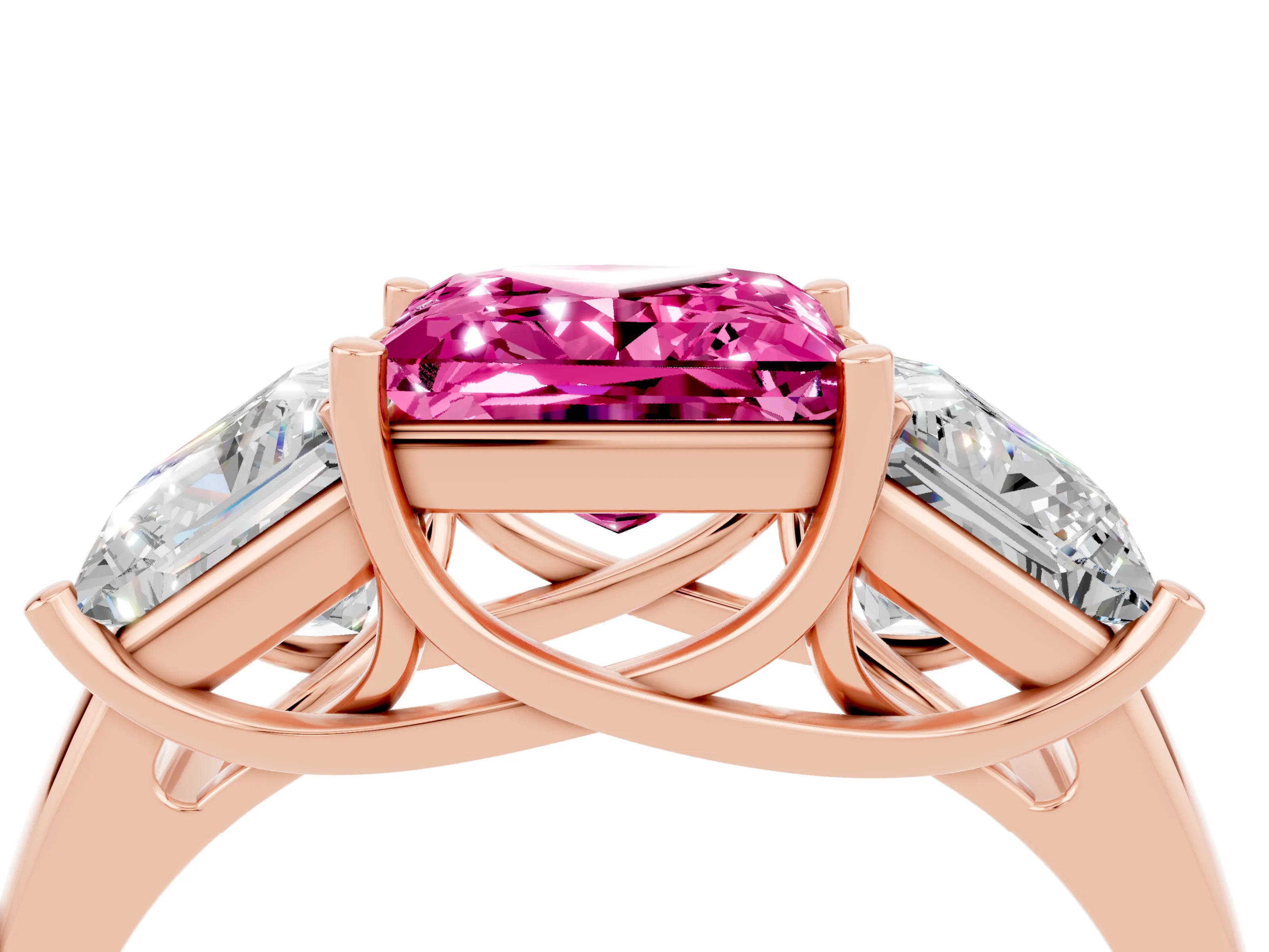 Rose gold Three-Stone Princess Cut Pink Sapphire Engagement Ring with Prong Setting_4
