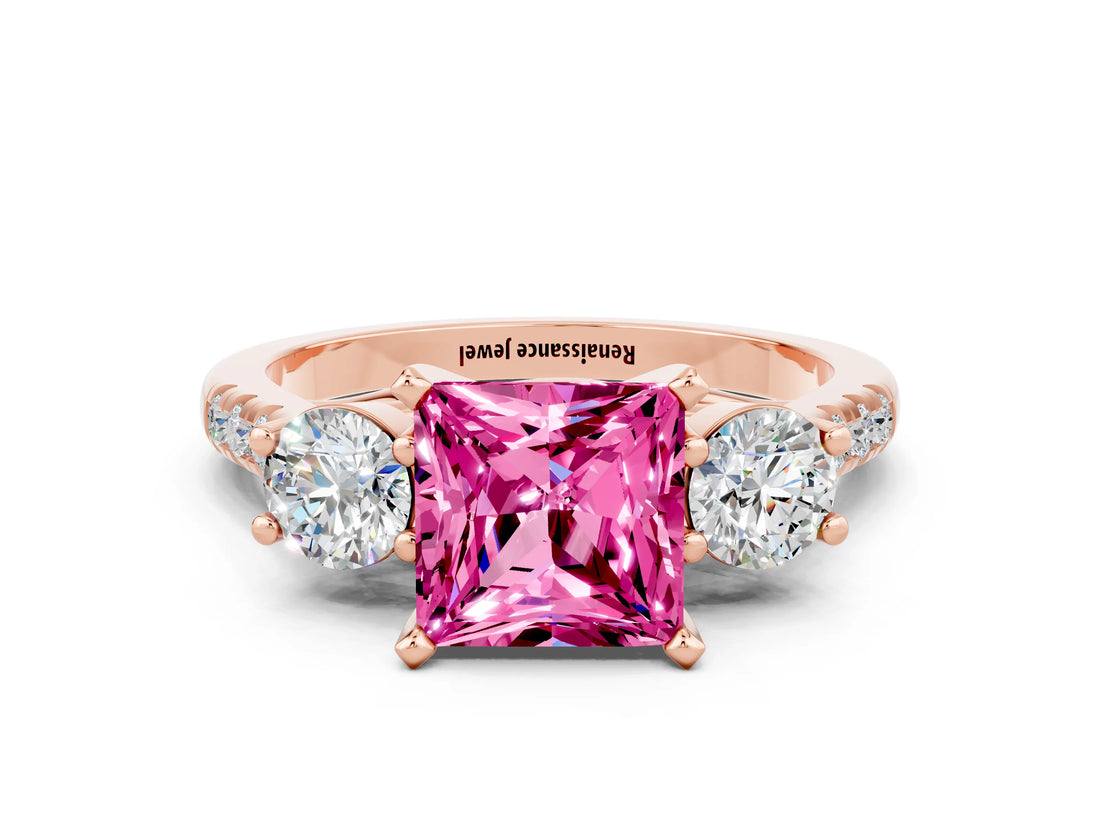 Rose gold Three-Stone Princess Cut Pink Sapphire Pavé Band with Four-Prong Setting_24