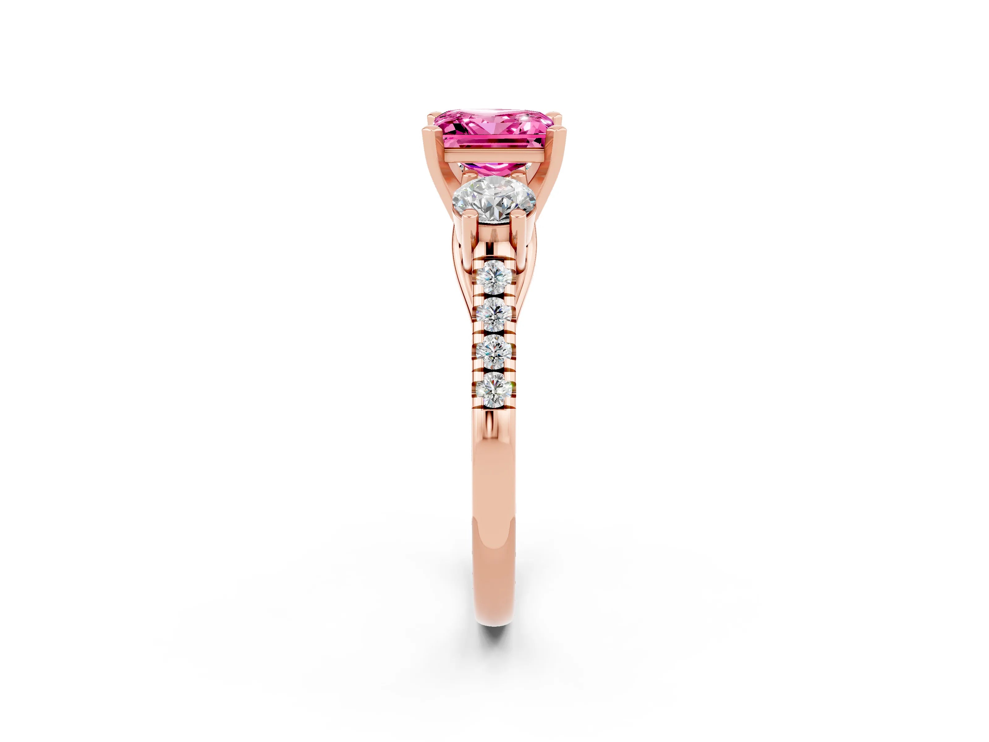 Rose gold Three-Stone Princess Cut Pink Sapphire Pavé Band with Four-Prong Setting_26