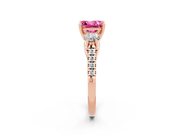 Rose gold Three-Stone Princess Cut Pink Sapphire Pavé Band with Four-Prong Setting