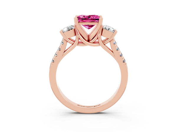 Rose gold Three-Stone Princess Cut Pink Sapphire Pavé Band with Four-Prong Setting