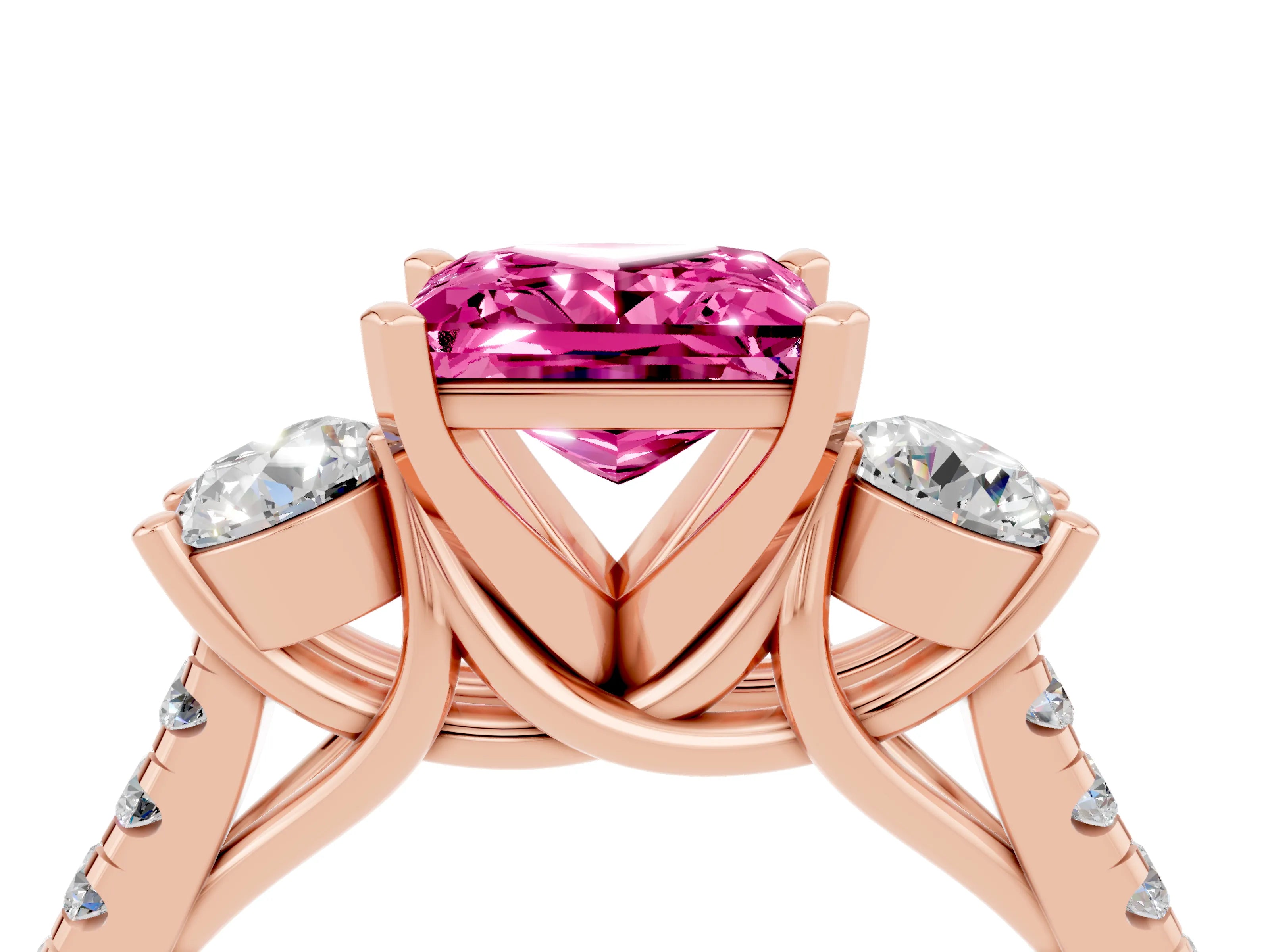 Rose gold Three-Stone Princess Cut Pink Sapphire Pavé Band with Four-Prong Setting_28
