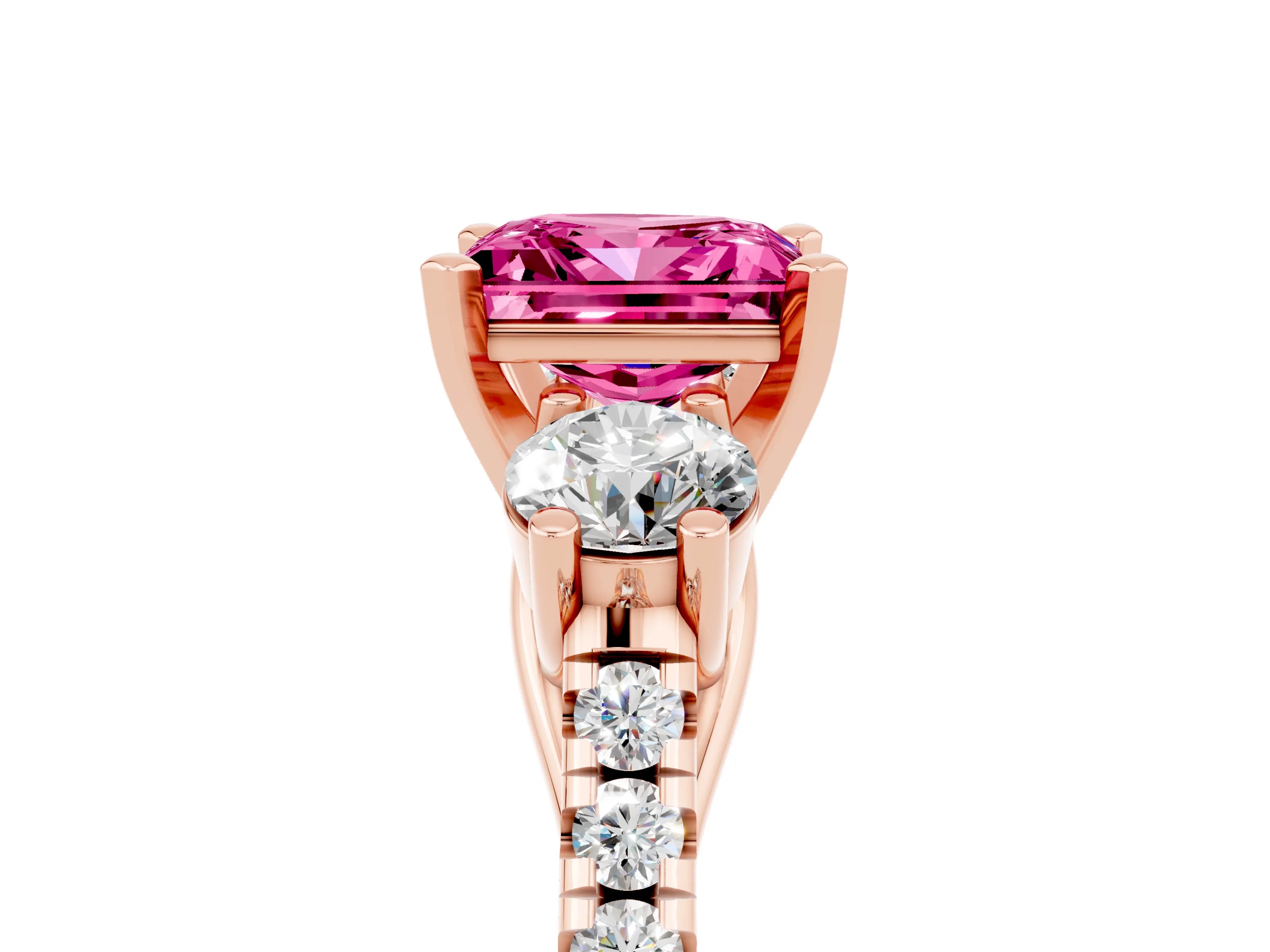 Rose gold Three-Stone Princess Cut Pink Sapphire Pavé Band with Four-Prong Setting_29