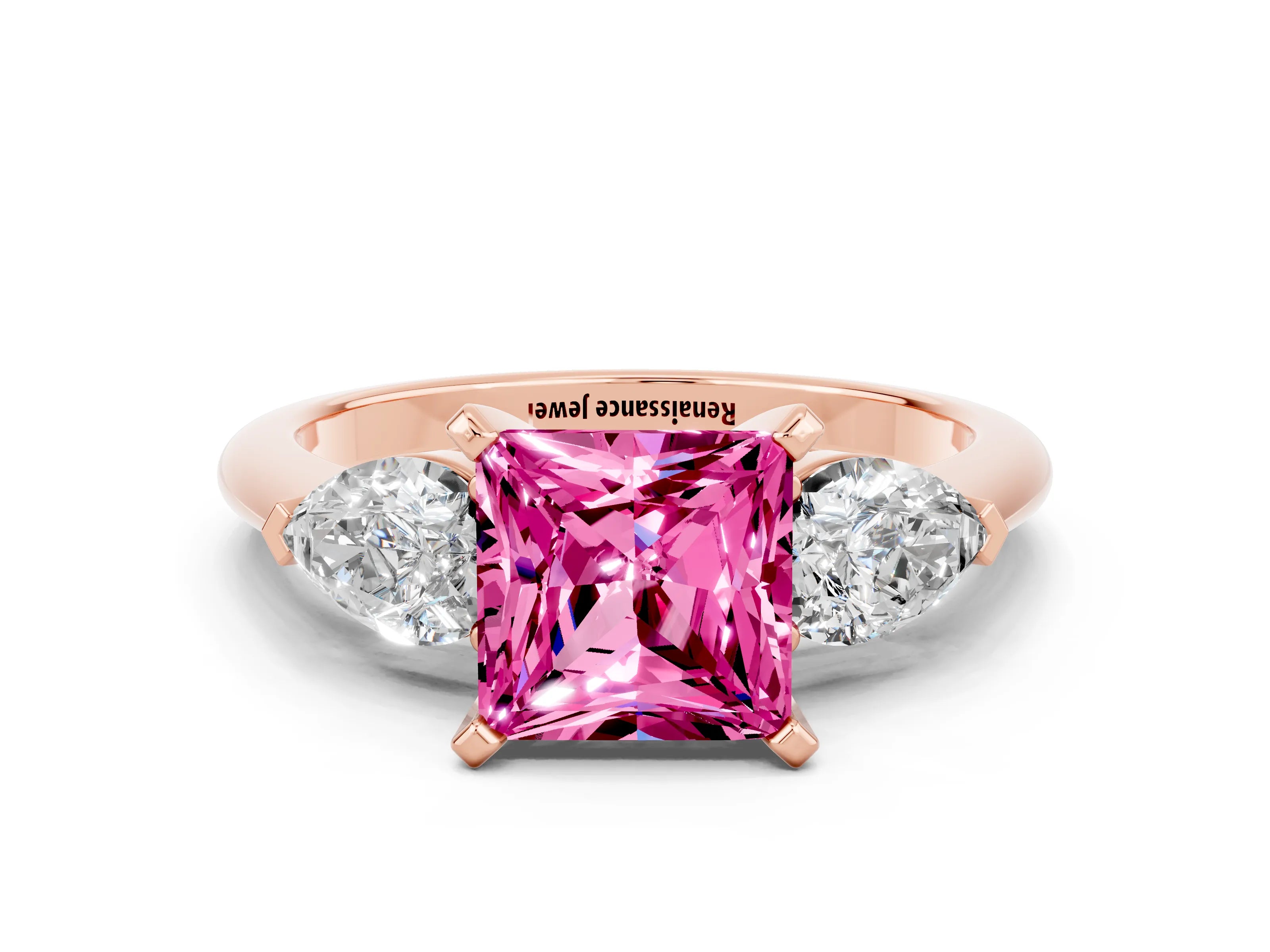 Rose gold Three-Stone Princess Cut Pink Sapphire Ring with Pear Side Stones and Four-Prong Setting_24