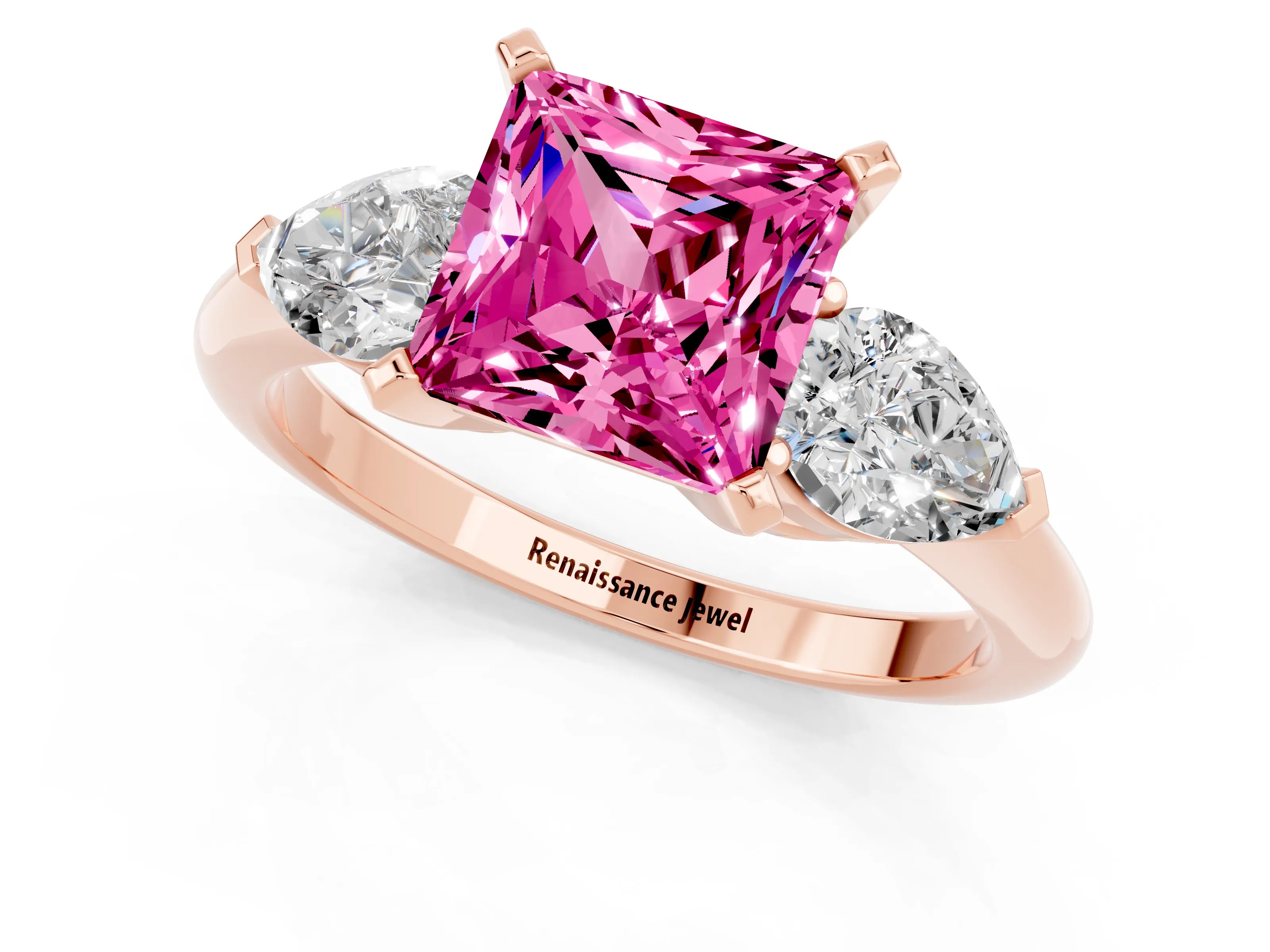 Rose gold Three-Stone Princess Cut Pink Sapphire Ring with Pear Side Stones and Four-Prong Setting_25