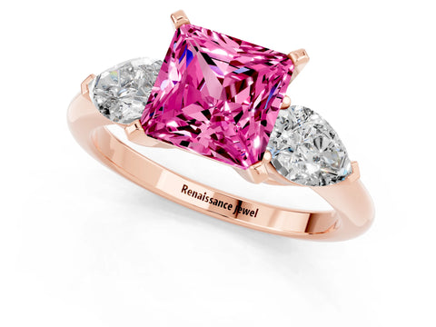 Rose gold Three-Stone Princess Cut Pink Sapphire Ring with Pear Side Stones and Four-Prong Setting_25