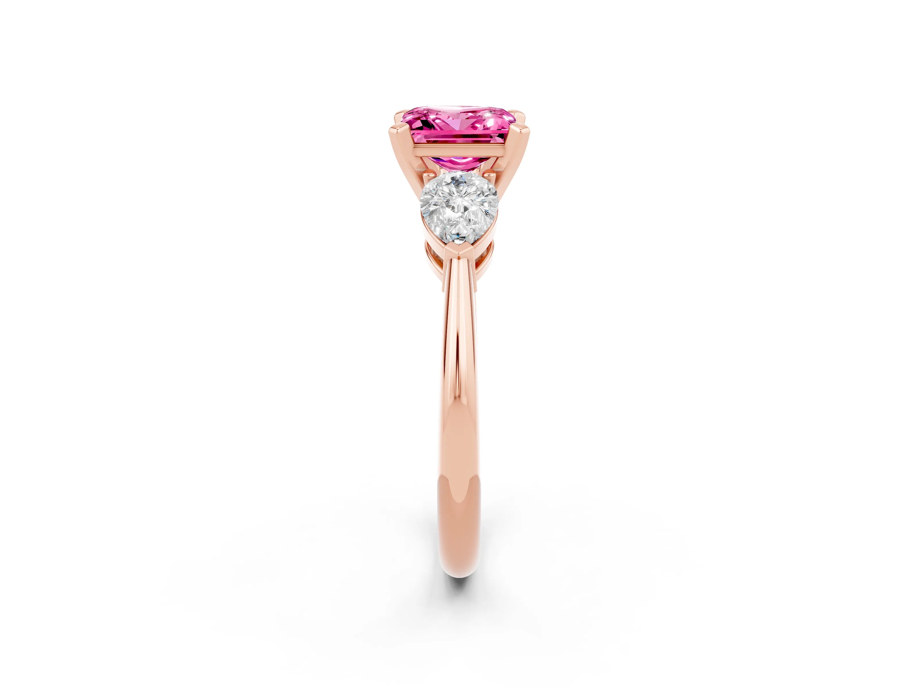 Rose gold Three-Stone Princess Cut Pink Sapphire Ring with Pear Side Stones and Four-Prong Setting_26