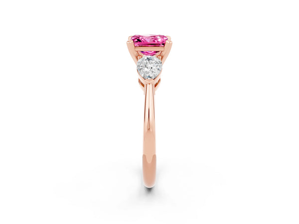 Rose gold Three-Stone Princess Cut Pink Sapphire Ring with Pear Side Stones and Four-Prong Setting
