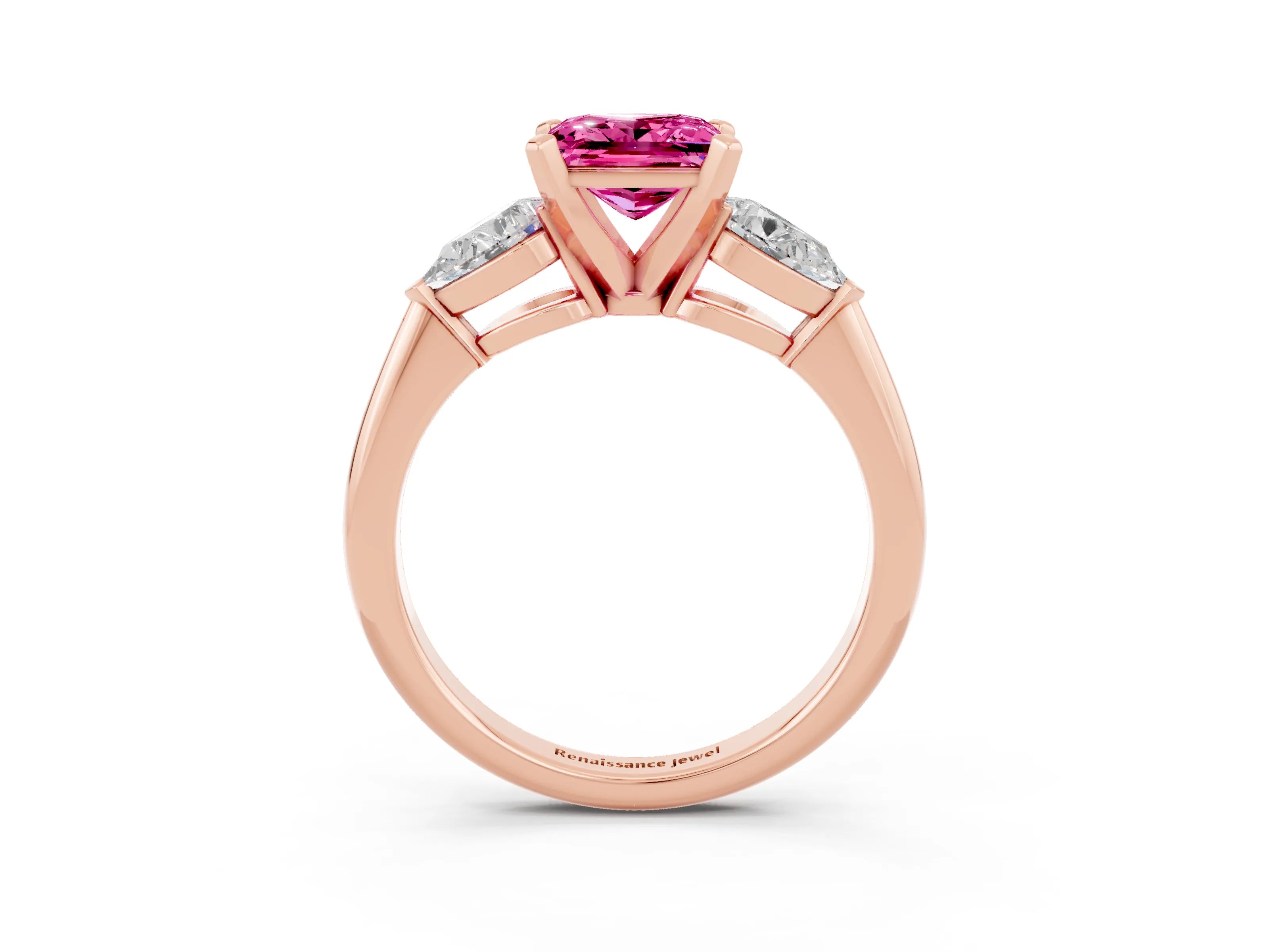 Rose gold Three-Stone Princess Cut Pink Sapphire Ring with Pear Side Stones and Four-Prong Setting_27