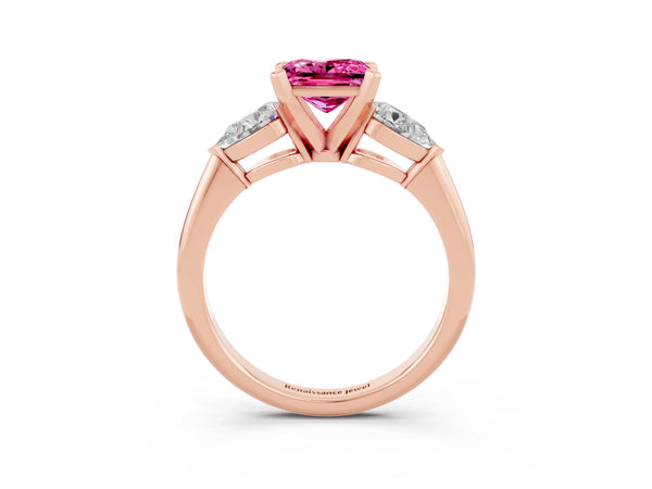 Rose gold Three-Stone Princess Cut Pink Sapphire Ring with Pear Side Stones and Four-Prong Setting