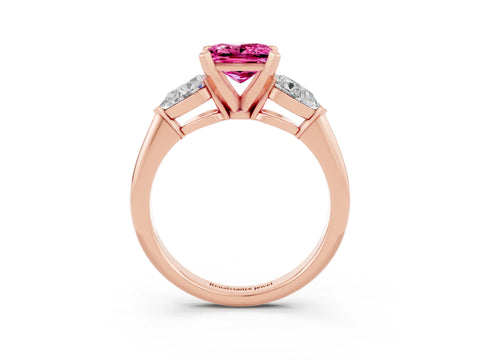 Rose gold Three-Stone Princess Cut Pink Sapphire Ring with Pear Side Stones and Four-Prong Setting_27