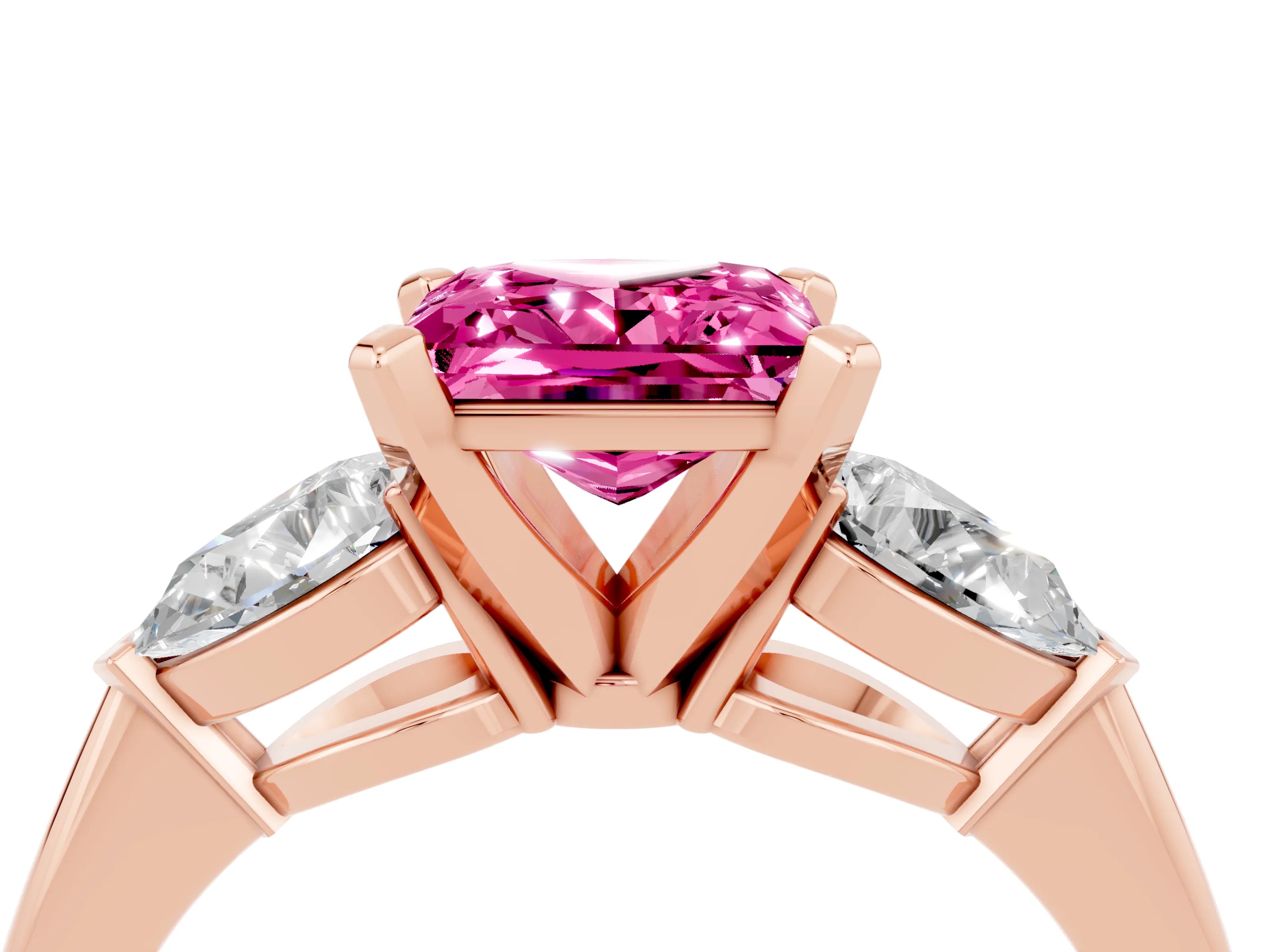 Rose gold Three-Stone Princess Cut Pink Sapphire Ring with Pear Side Stones and Four-Prong Setting_28