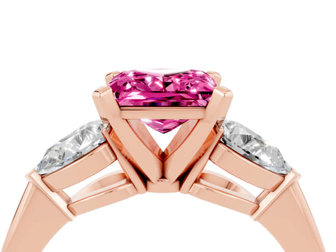 Rose gold Three-Stone Princess Cut Pink Sapphire Ring with Pear Side Stones and Four-Prong Setting_28