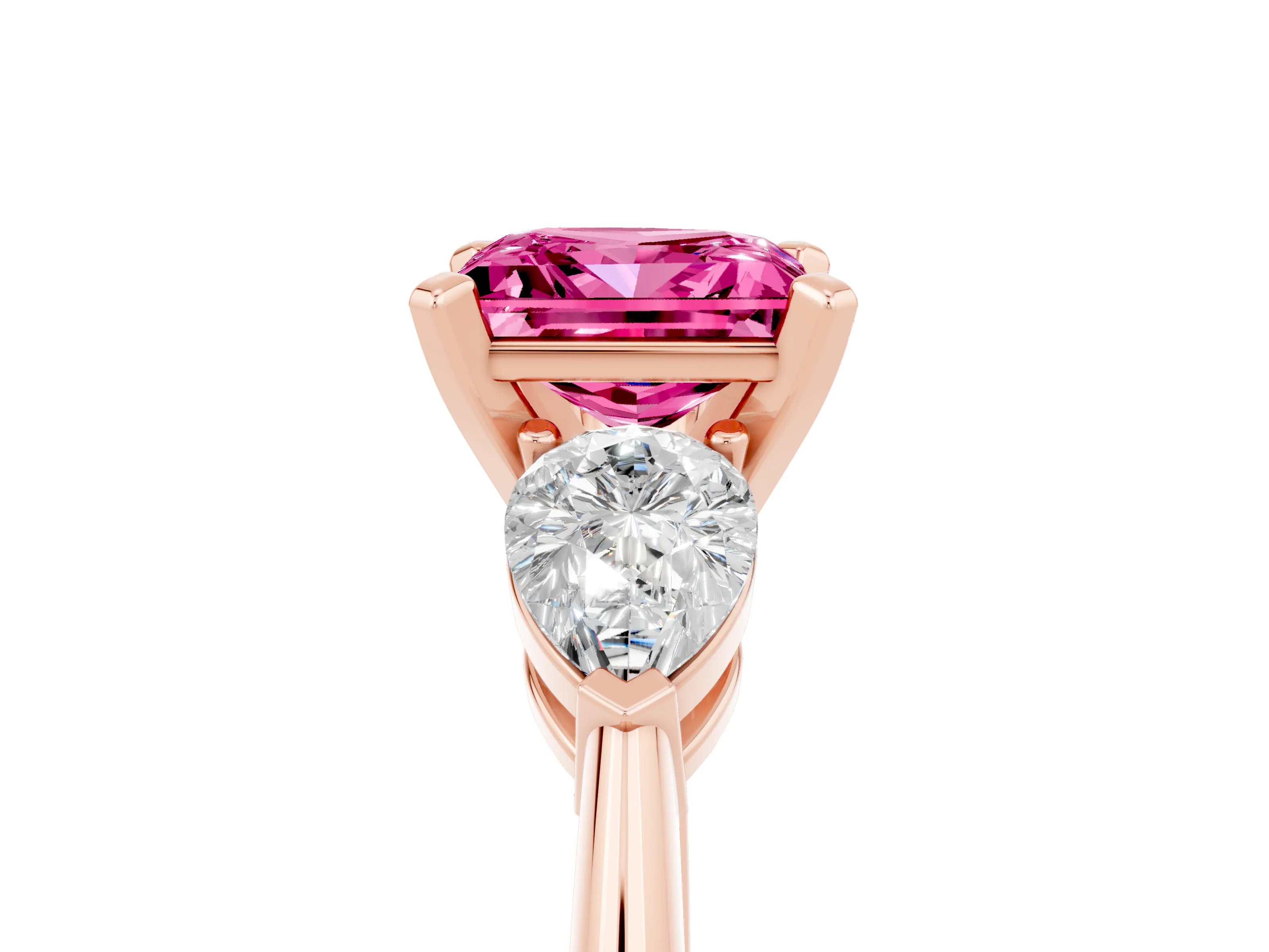 Rose gold Three-Stone Princess Cut Pink Sapphire Ring with Pear Side Stones and Four-Prong Setting_29