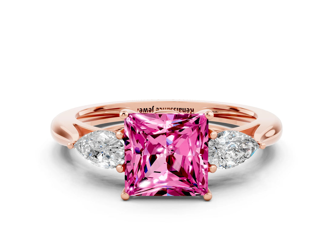 Rose gold Three-Stone Princess Cut Pink Sapphire Ring with Pear  Side Stones in Four-Prong Setting_12