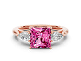 Rose gold Three-Stone Princess Cut Pink Sapphire Ring with Pear  Side Stones in Four-Prong Setting_12