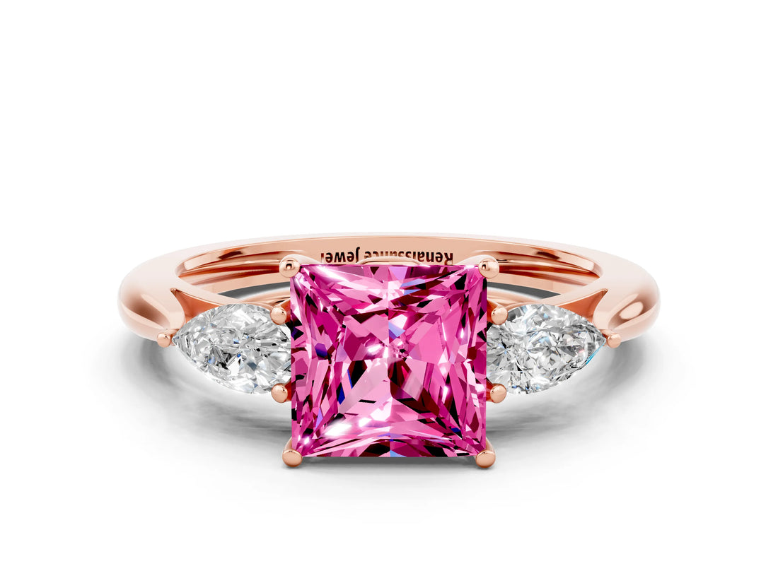 Rose gold Three-Stone Princess Cut Pink Sapphire Ring with Pear  Side Stones in Four-Prong Setting_36
