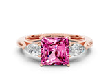 Rose gold Three-Stone Princess Cut Pink Sapphire Ring with Pear  Side Stones in Four-Prong Setting_36