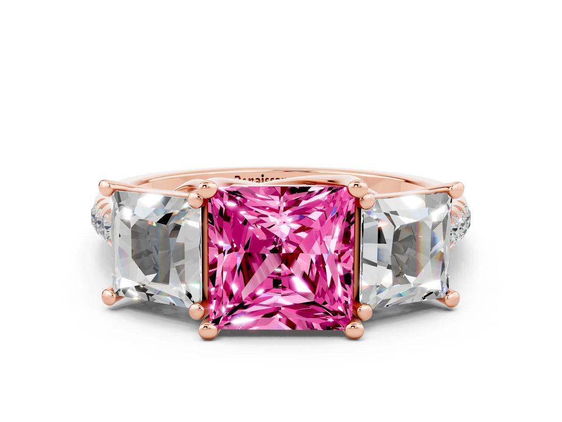 Rose gold Three-Stone Princess Cut Pink Sapphire Ring with Round  Pavé Band and Prong Setting_12